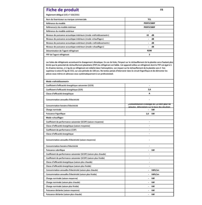 Climatiseur mobile TCL P09F5CSB0F